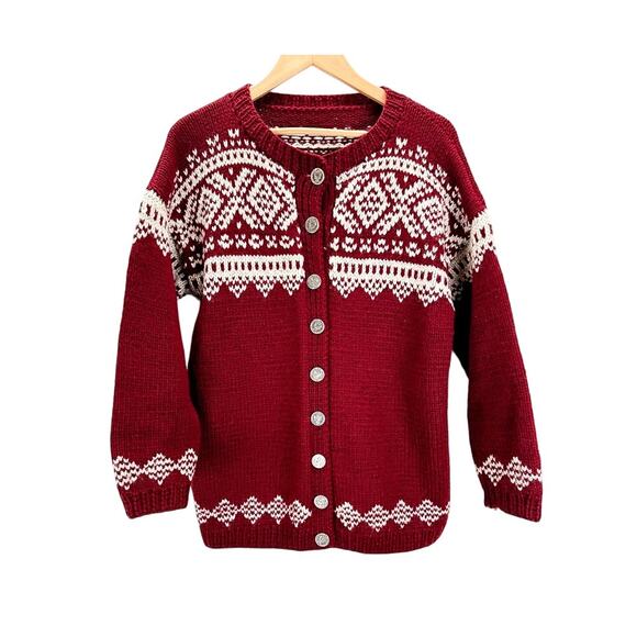 VTG Handmade Knit Wool Cardigan Womens L Red White Chunky Fair Isle Sweater - Picture 1 of 7
